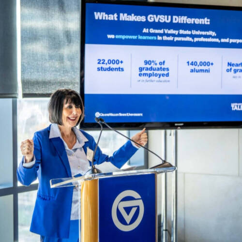 GVSU President giving a presentation.